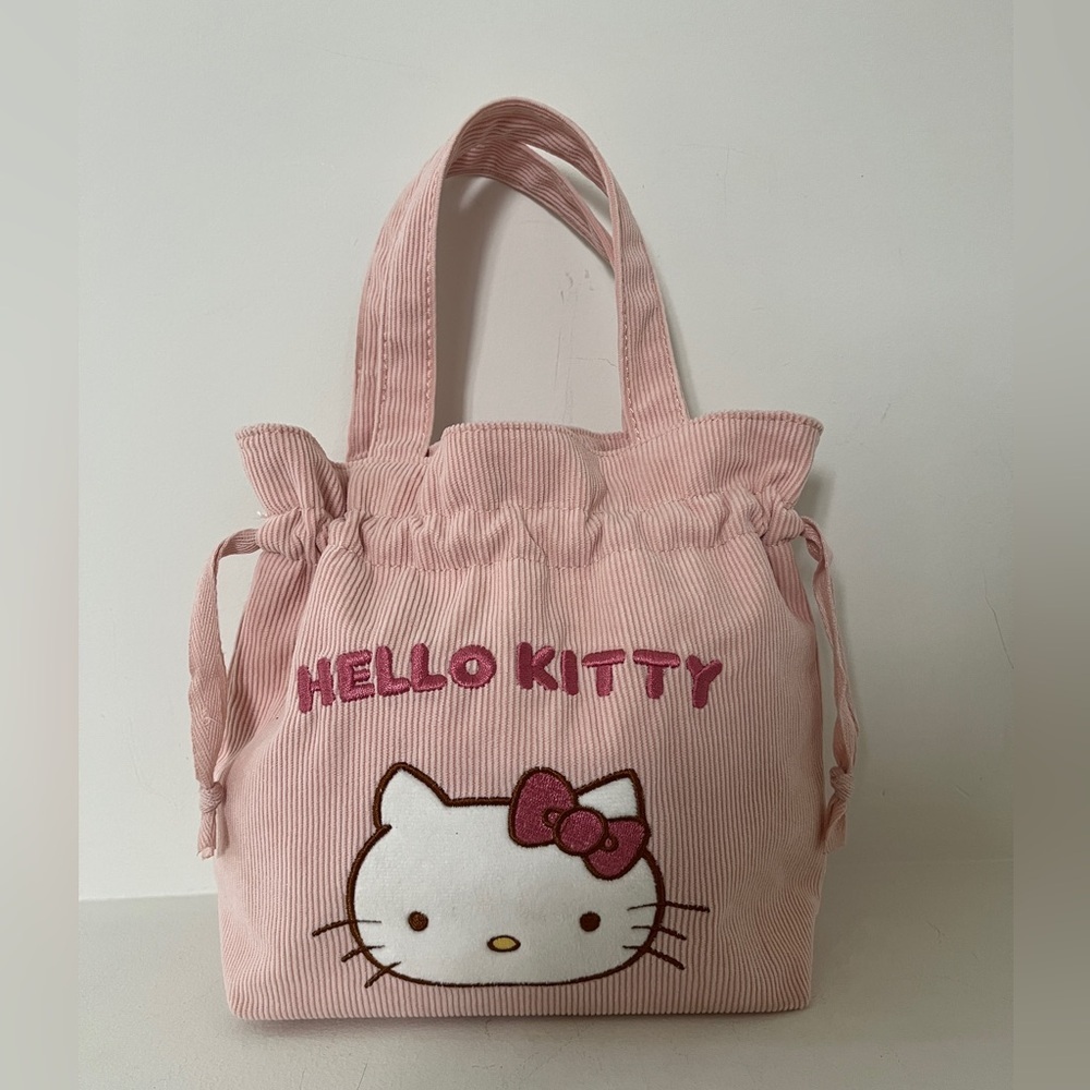 HELLO KITTY Sanrio Licensed Drawstring Handbag Pink Corduroy Double Handle